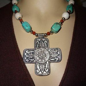 BIG Turquoise-Colored Magnesite Cross Necklace Set